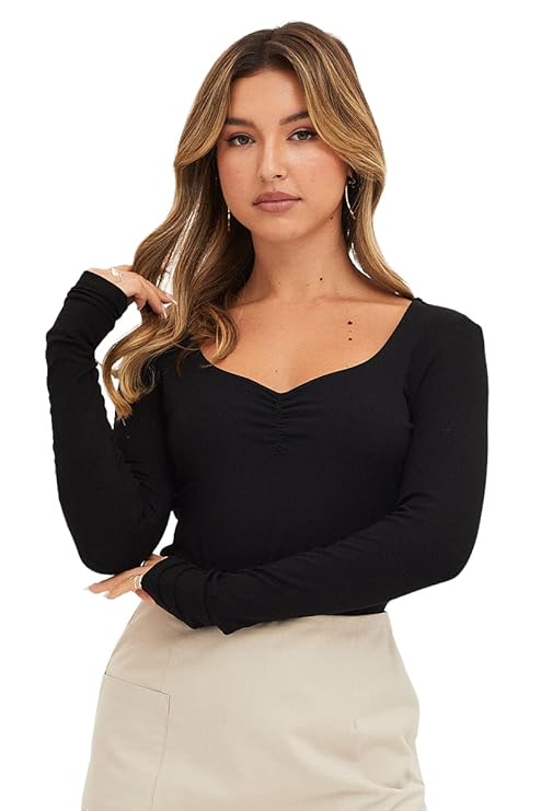 SIGHTBOMB Sweetheart Neck Ruched Front Full Sleeves Ribbed Tops for Women