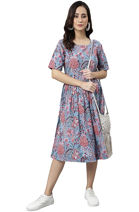Janasya Women’s Sky Blue Cotton Floral Print Flared Western Dress