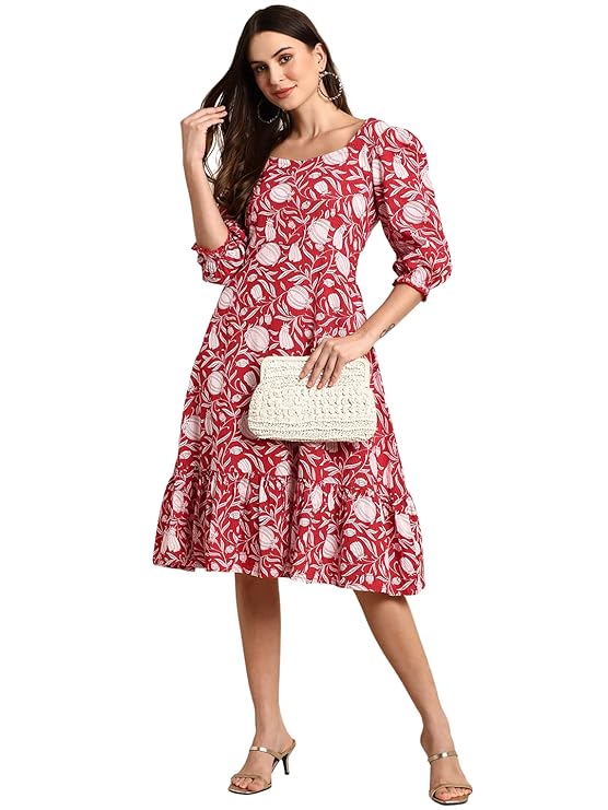 Janasya Women’s Red Cotton Knee Length Dress