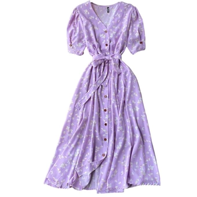 Gufrina Women’s Half Sleeve Front Button & Tie-Up Dress – Floral Print Midi Dress with V-Neck and Puff Sleeves