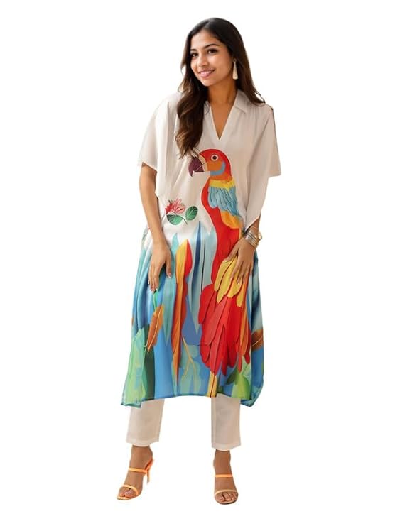 V4M Women's White Printed Regular Cotton Blend Kurta Sets | Kaftan Set for Women