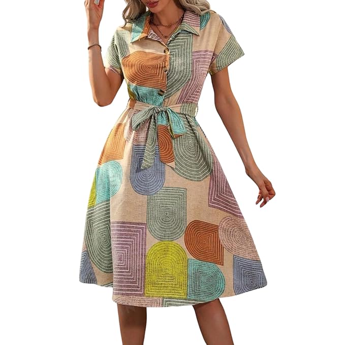Gufrina Women’s Short Sleeve Collar Neck Dress – Geometric Print Button-Down Midi Dress with Tie-Up Belt
