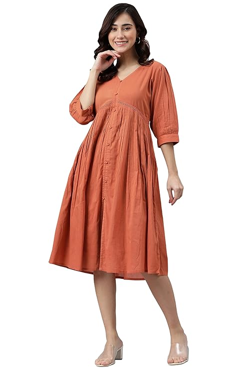 Janasya Women’s Coral Orange Cotton Solid Flared Dress
