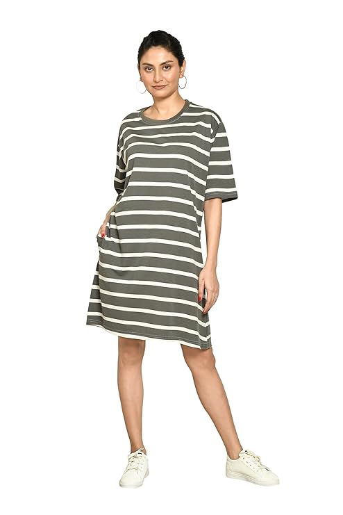 RAPL Bharat Women’s Casual Round Neck Cotton Knee Length Dress with Striped Pattern & Short Sleeves I Perfect Summer-Friendly T-Shirt Dress- Multicolor, Size- S to XXL