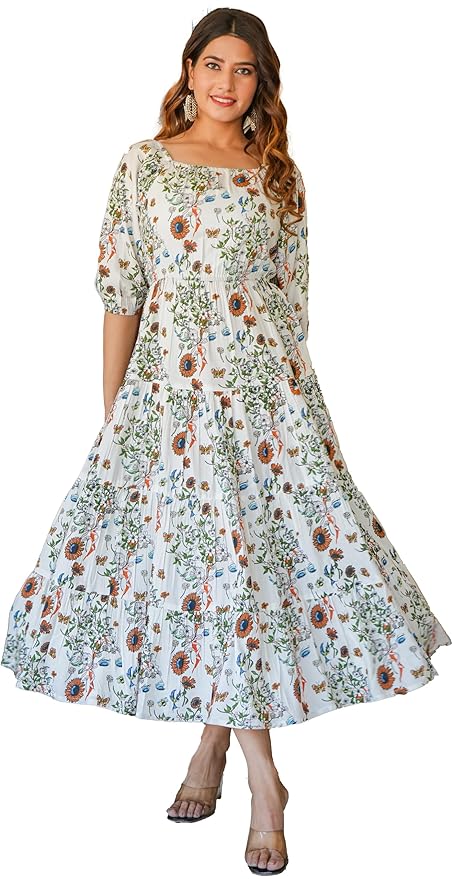 Yash Gallery Women’s Rayon Floral Printed Tiered Style Maxi Dress