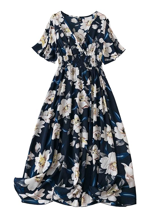 Shasmi Women’s & Girl’s Navy Blue Dress for Women Midi, One Piece Dress for Women’s Casual Dress, Solid Textured Lantern Sleeve Tie Front V Neck Midi Dress (Dress 123)