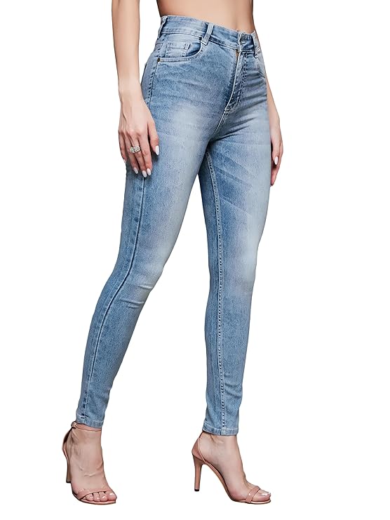 Miss Chase Women's Light Blue Slim Fit High Rise Regular Length Claen Look Denim Stretchable Jeans