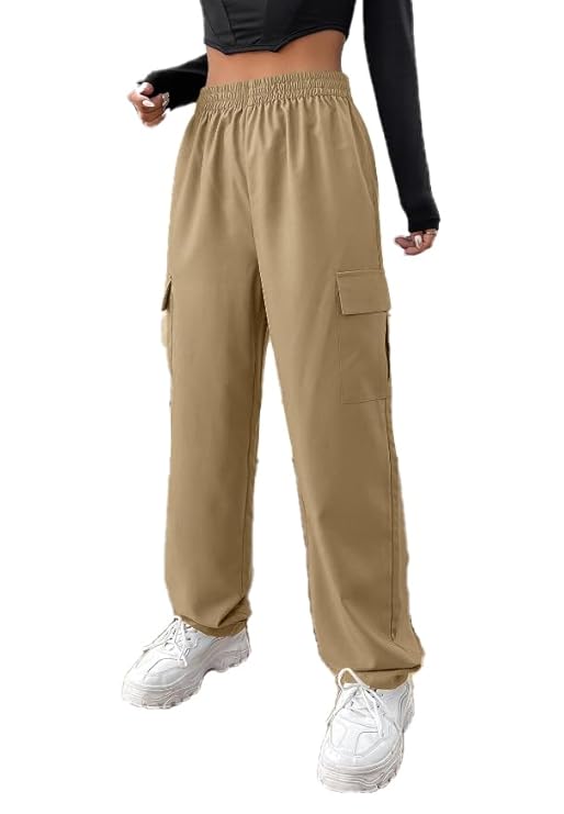 Elyraa Women's Western Stylish High Waist Pockets Cargo Solid Trousers Pants for Women/Girls