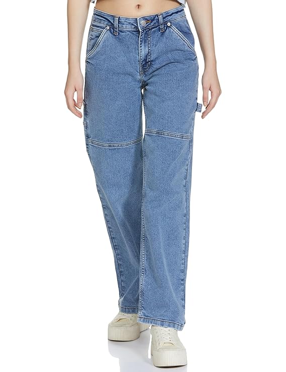 Amazon Brand - INKAST Women's Mid Rise Full Length Cargo Loose Fit Jeans