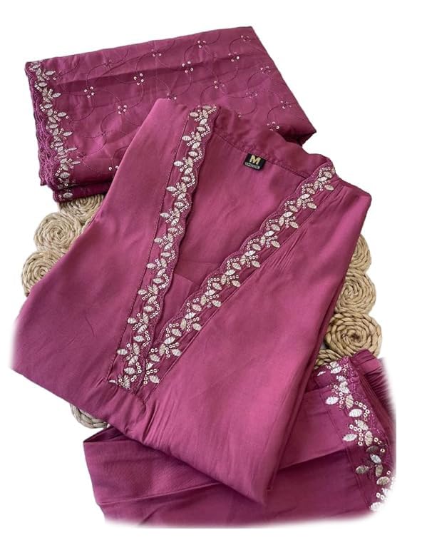 Xomantic Fashion Womens's Pink Color Cotton Embroidered Readymade Kurta Pant set With Dupatta