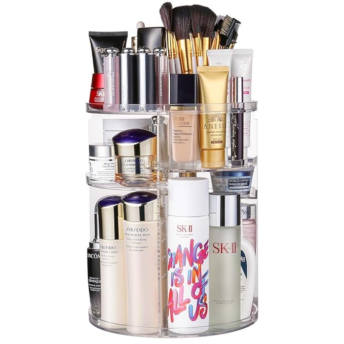 INOVERA (LABEL) Makeup Organizer Cosmetic Storage Holder Adjustable 360 Rotation Box Display Cases for Vanity Countertop, 23L x 23B x 30H cm (Transparent)