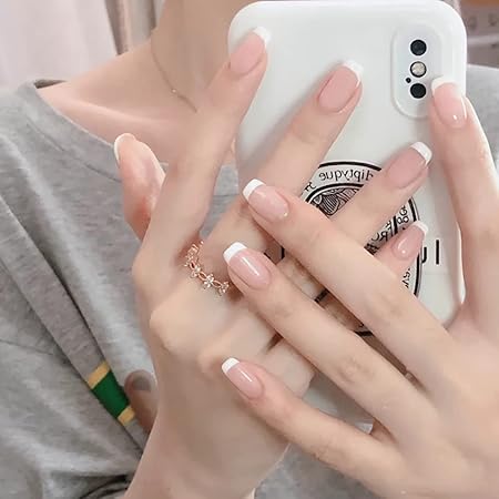 Anzailala Press On Fake Nails Short French Nails 24 Pcs Jelly Glue on False Nails for Women Girl