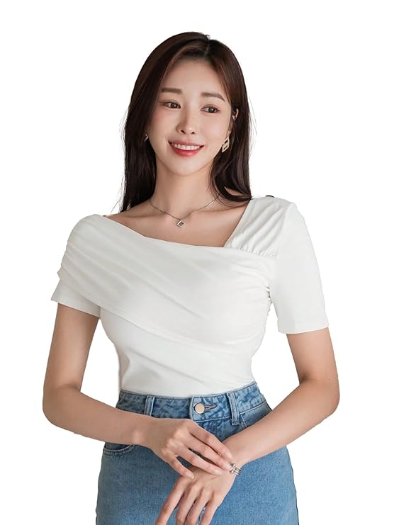 Istyle Can Women’s Solid Color Asymmetrical Ruched Stretchy Basic Short Sleeve T-Shirt