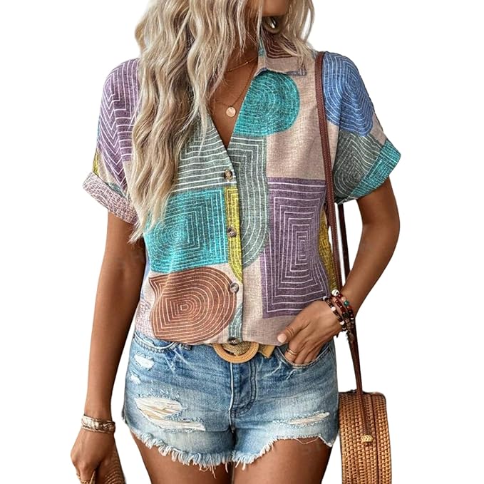 Gufrina Women’s Colorful Abstract Geometric Print Shirt, Half Sleeve, Collar Neck, Casual Button-Up Top, Rayon Fabric