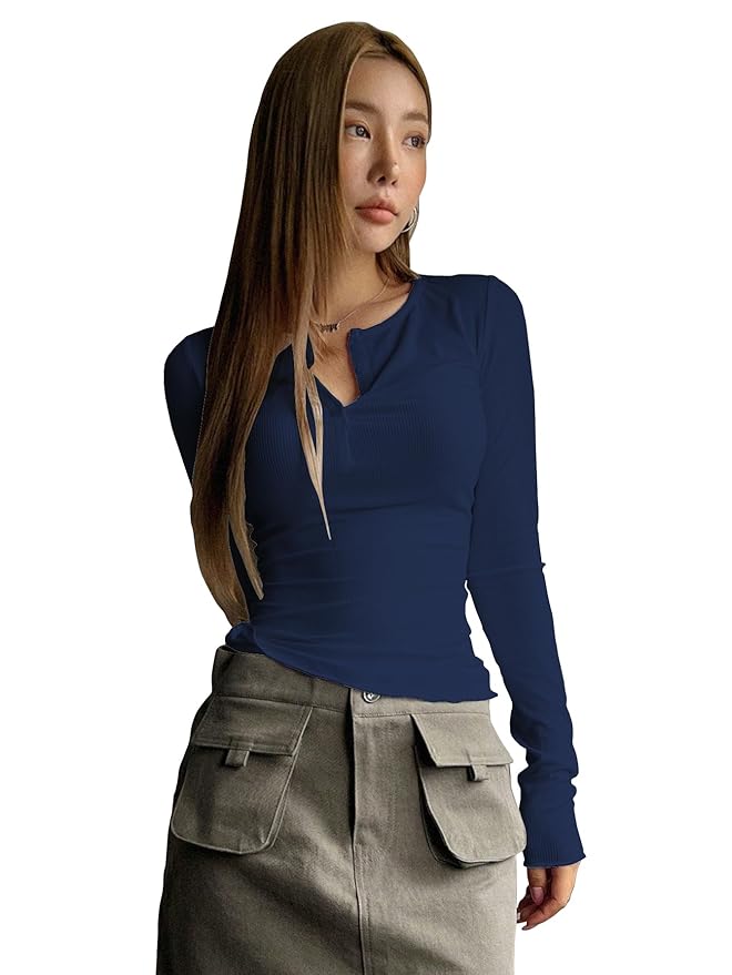 Shasmi Women's & Girl's Long Sleeve Round Neck Solid Color Ruched Workwear Casual Top Half Button Down Henley T-Shirt for Women (Top 128)