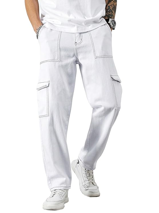 AVANOVA Bell-Bottom Men Cargo Jeans II Men Cargo Pants II Denim Cargo for Men II Cotton Pant II Wide Legs II Flap Pockets II Cargo for Men (Jeans-119)