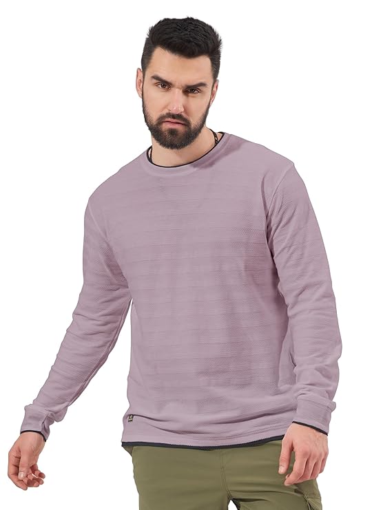 Maniac Mens Solid Round Neck Full Sleeve Grey Cotton Slim Fit T-Shirt