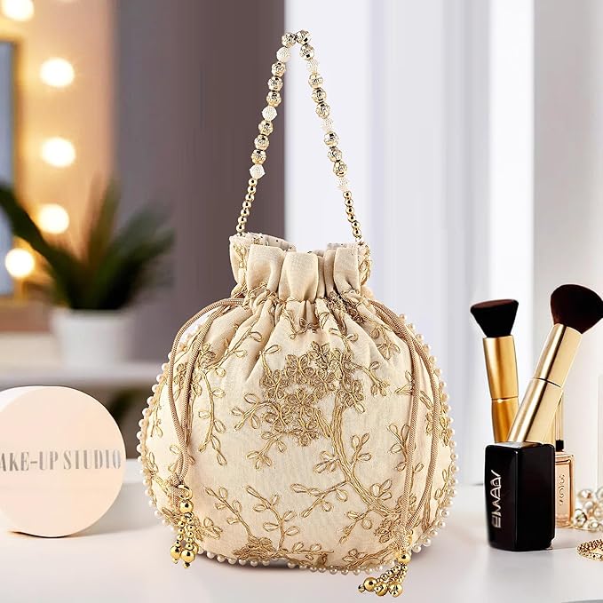 Kuber Industries Potli Bags for Ladies & Girls | Women Shagun Pouches for Festive Seasons | Batwa Bag Bridal Purse With Embroidery -Cream