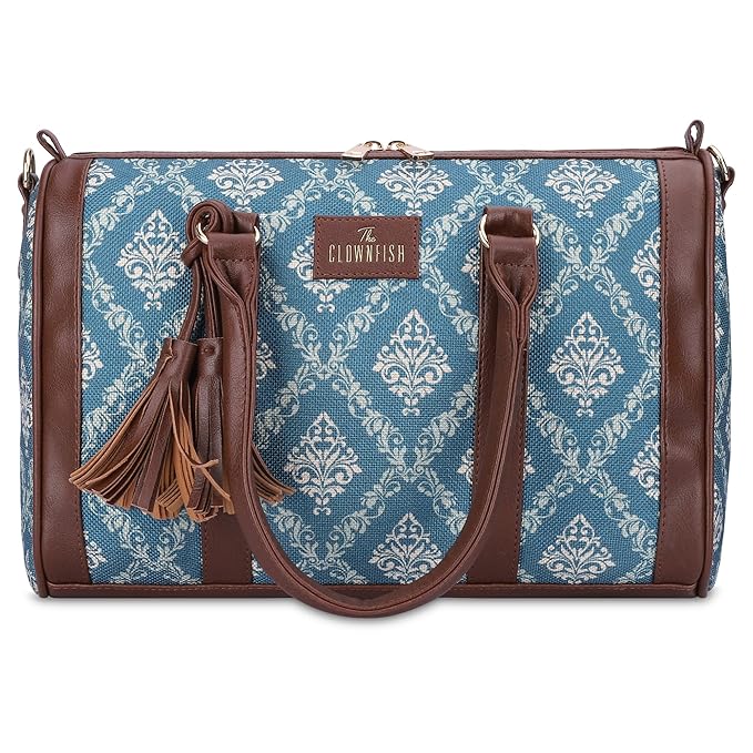 The Clownfish Lorna Printed Handicraft Fabric Handbag for Women Office Bag Ladies Shoulder Bag Tote for Women College Girls (Colour-Blue)