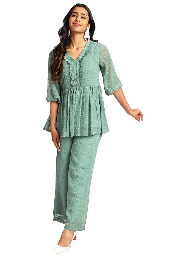 Janasya Women’s Dobby Chiffon Woven Design Co-Ord Set