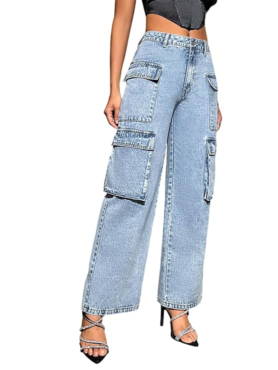 KOTTY Women's Solid || Straight || Slim|| Distressed || Cotton Lycra Blend High Rise Cargo's Jeans