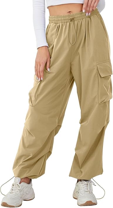 AREAL FASHION Women's Parachute Cargo Pants/Trouser with Pockets for Hiking, Camping, Traveling, Outdoor Activities, Solid Drawstring Waist Flap Pocket Side