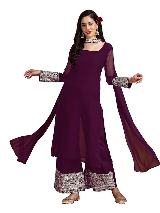 EthnicJunction Women's Georgette Sequine Lace Work Kurta Palazzo And Dupatta Set