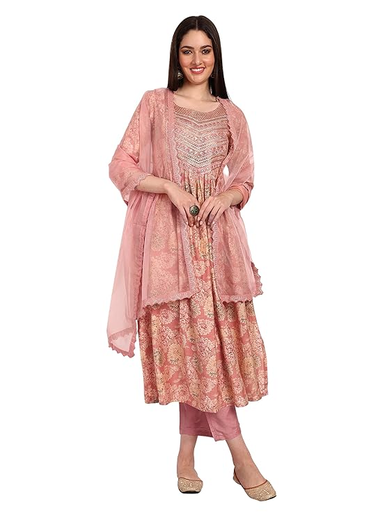 Naixa Women's Peach Chanderi Embroidered and Printed A-Line Kurta with Pant and Laced Organza Dupatta Set