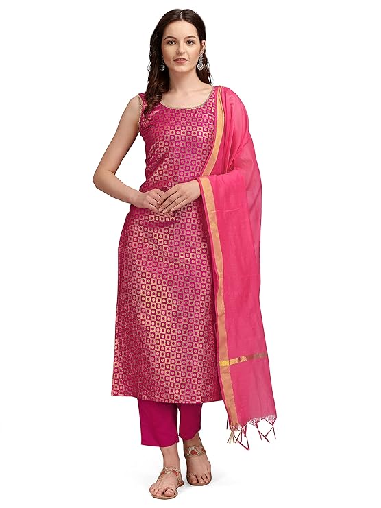 VredeVogel Women's Motifs Silk Blend Kurta Pant and Chanderi Dupatta Set