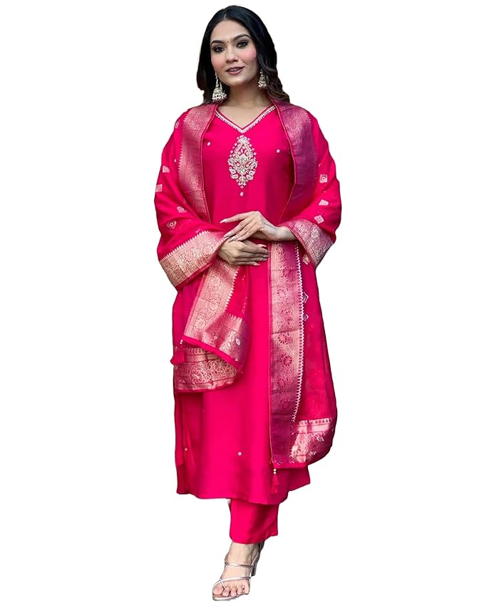 ANNI DESIGNER Women's Silk Blend Straight Embroidered Kurta with Pant & Dupatta