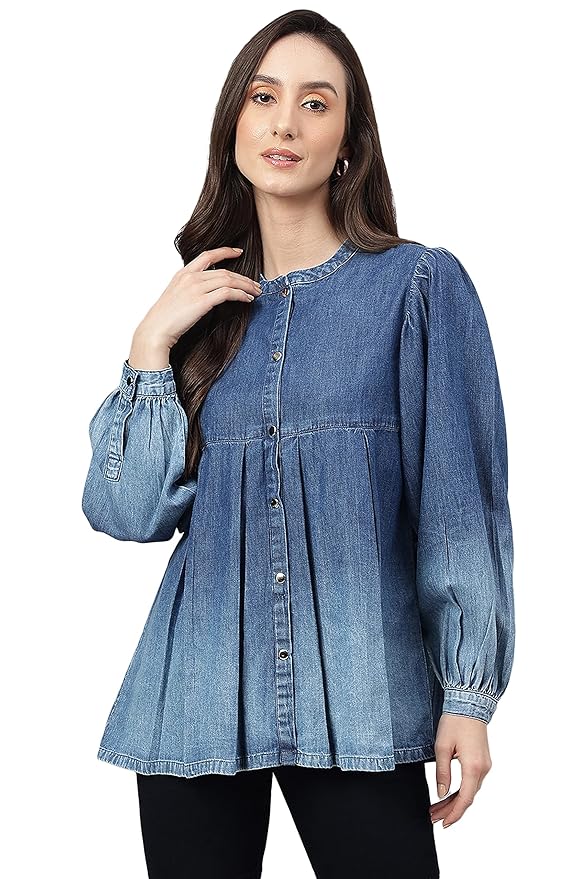 Janasya Women’s Blue Denim Faded Flared Top