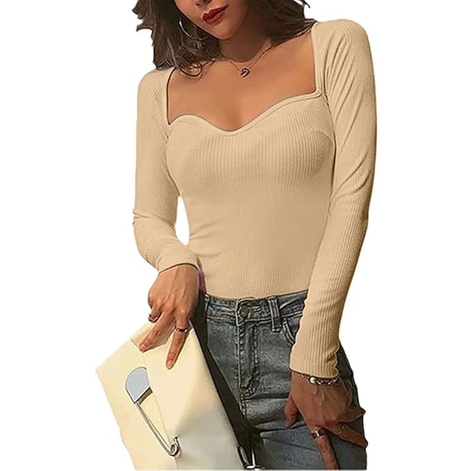GLARE & BLAIR Solid Sweetheart Neck Long Sleeves Regular Fit Casual Ribbed Tops for Women