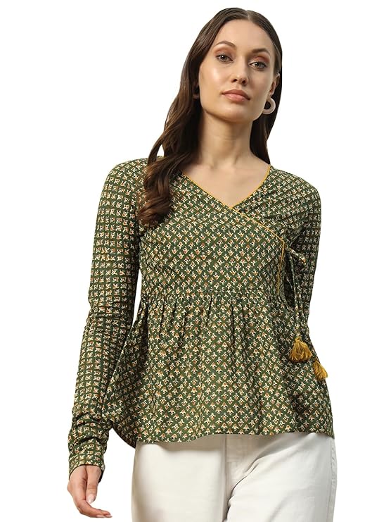 FIORRA Women’s Green Cotton Top with Lace Detail and Printed Pattern