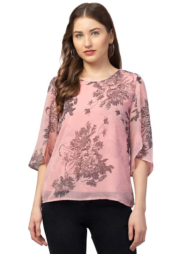 My Swag Women Top Pink Floral Printed Stylish Regular Fit Half Sleeve Casual Summer Wear Western Attractive Round Neck Top for Women & Girls