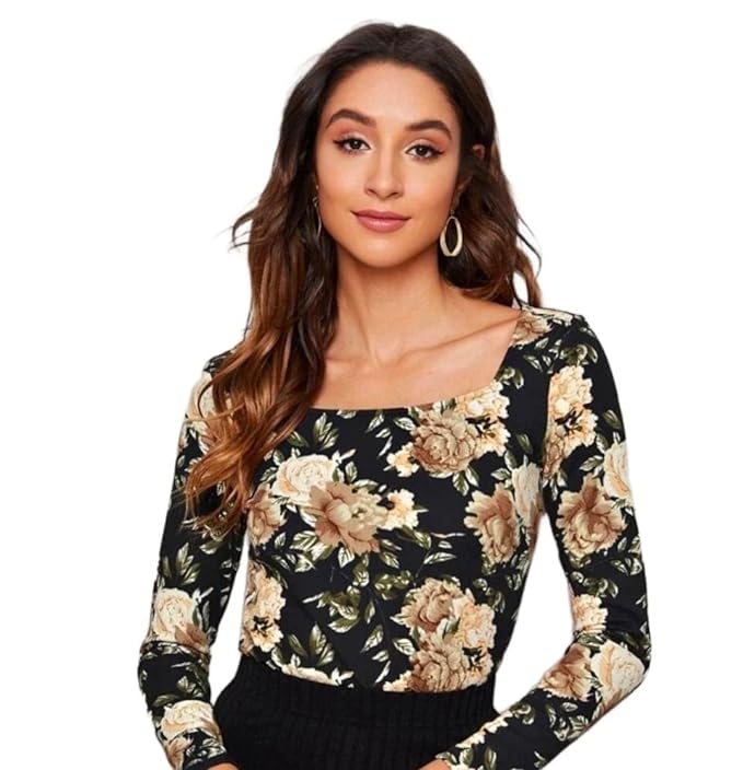 Dream Beauty Fashion Women’s Full Sleeve Square Neck Printed Fitted Tee -23″ Inches (Sania-Top)