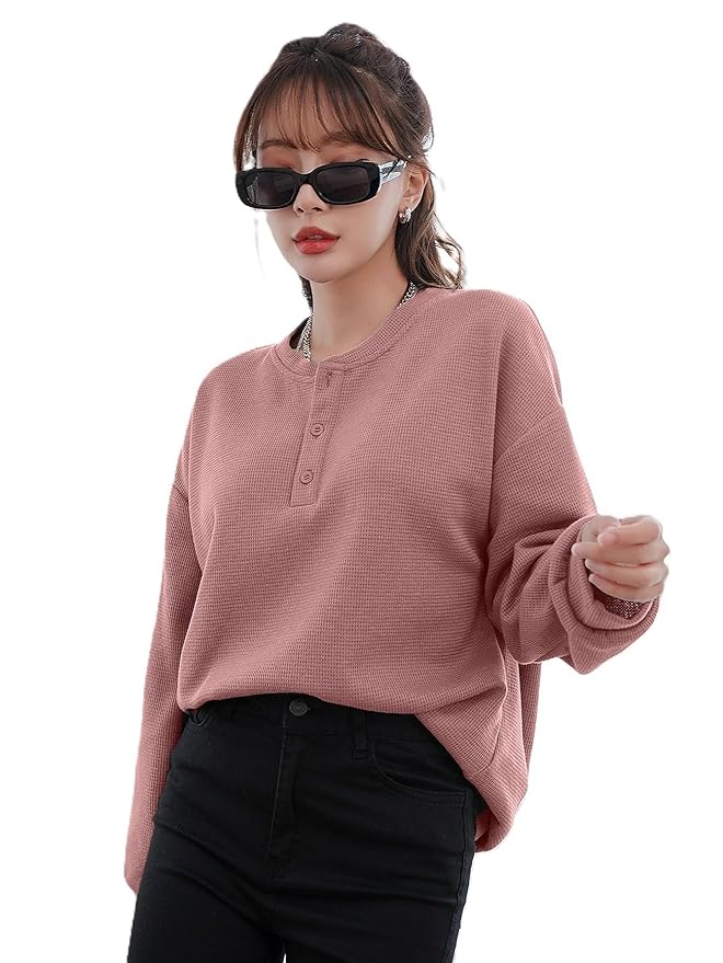 Zilcon Women Fashion Trendy Waffle(Cotton) Button Down Neck Top Long Sleeves Long Top for Women Formal, Casual, Office, Date, Outing, Party Tops