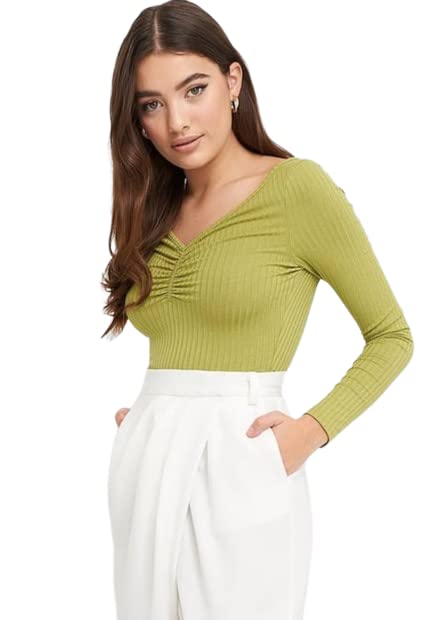 SIGHTBOMB V Neck CRINGED Front Full Sleeve Ribbed Slim Fit Top for Women