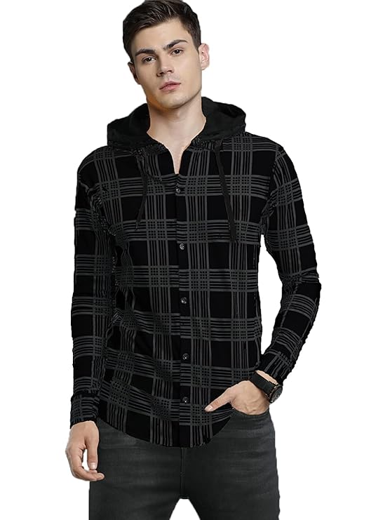 LEWEL Men’s Hooded Buttoned Down Checked T-Shirt (Olive Green)