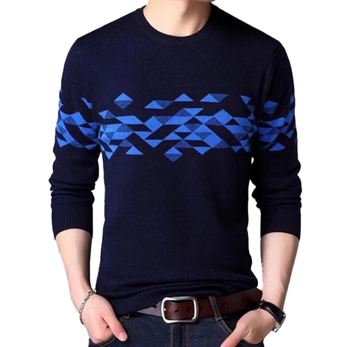 OH! MG Men's Navy Blue Cotton Tshirts Sweat Shirts with Blue Geometric Pattern, Long Sleeves