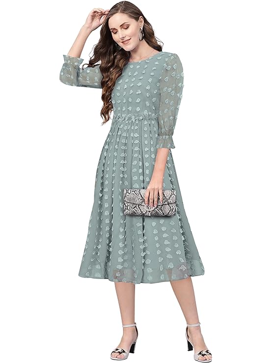 KERI PERRY Women Georgette Woven Fit & Flared Western Dress | Dress for Women | A line Dress | Winter Dress | Western Dress | Latest Women Dress | Trendy Dress for Dress | Midi Dresses