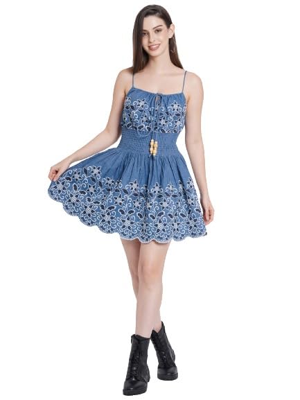 HI-FASHION Embroidered Mini Strep Dress for Women Causal WEAR L Blue