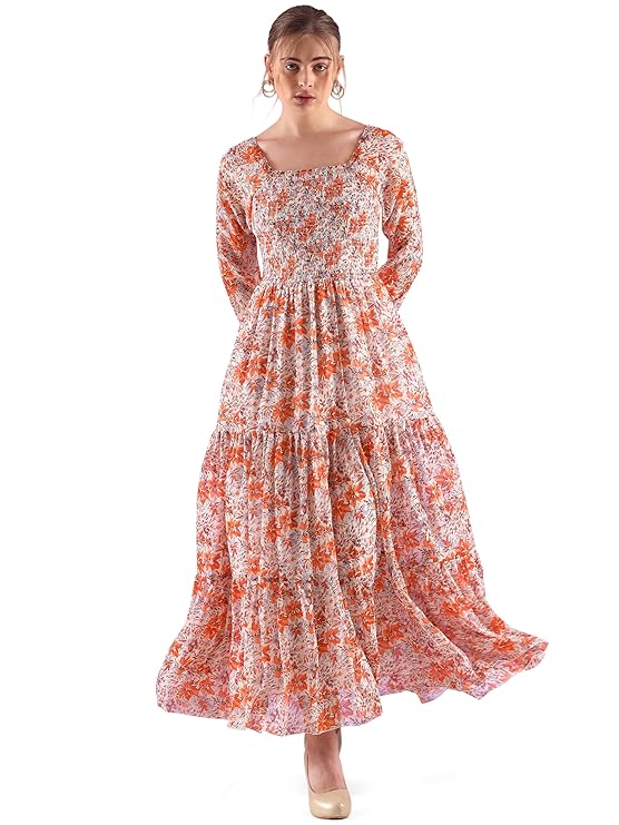 Sheetal Associates Women’s Georgette Printed Casual Maxi Fit and Flare Dress
