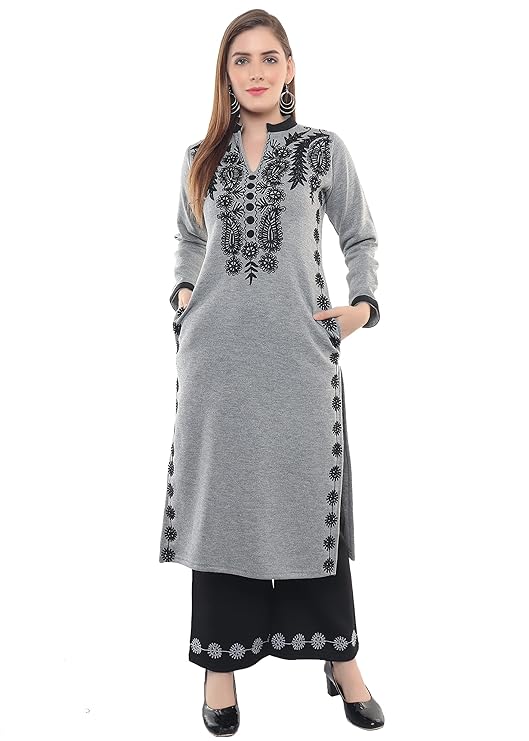Rosary Women's Embroidered Woolen Kurta Set with Palazzo - Warm Winter Wear, Full Sleeve, Mandarin Collar (2 Piece)