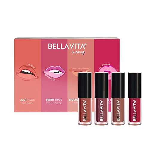 BELLAVITA Mini Kiss Proof Liquid Lipstick Gift Set of 4 x 2ml | Smudge & Transfer-Proof | Intense Moisturisation | Just Nude + Berry Nude + Mocha Madness + Cherry Pop | Lipsticks for Women | Lipstick Gift Set | Lipstick Combo Set