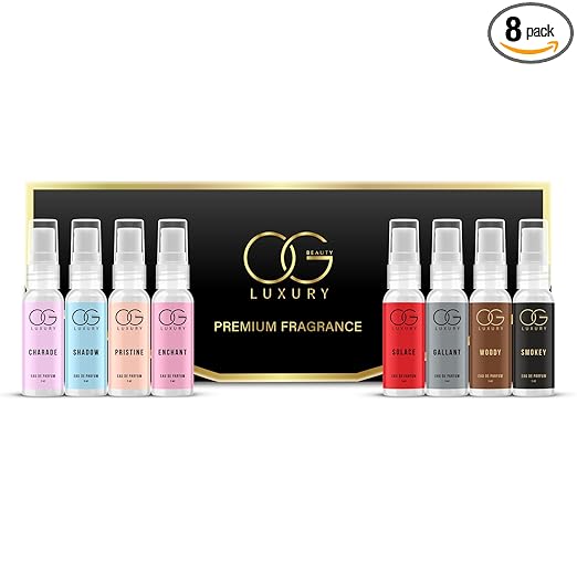 OG BEAUTY Luxury Perfume Gift Set - Unique Scents, Long-lasting Eau de Parfum - Smokey, Woody, Shadow, Gallant, Pristine, Charade, Enchant, Solace - Pack of 8 (5ml Each)