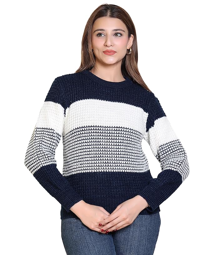 IRA CHICE Women Woolen Round Neck Self Design Premimum Rainbow Wool Crop-Top Sweaters Pullover for Women Winter wear with Stylish Sweater