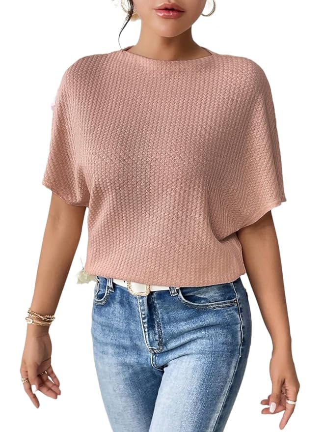 Zilcon Women Fashion Fall Batwing Half Sleeve Shirts Boat Neck Oversized Tunic Tops Casual Waffle Knit Shirts Tops for Women