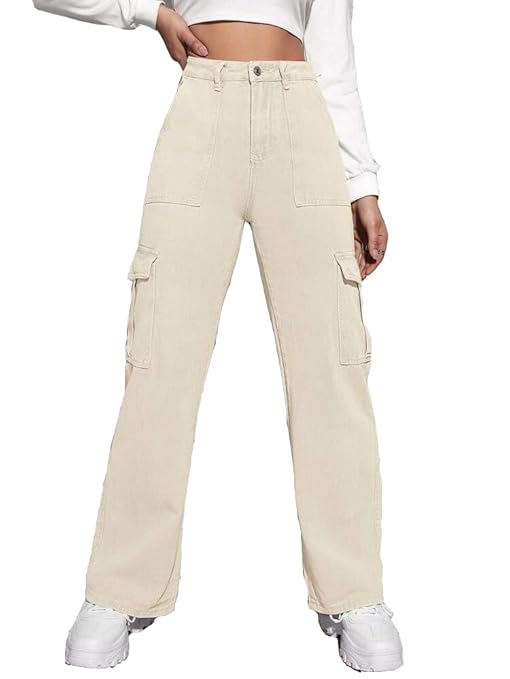 KATECLO New Women Cargo Flap Pocket Denim Cream Jeans Pant