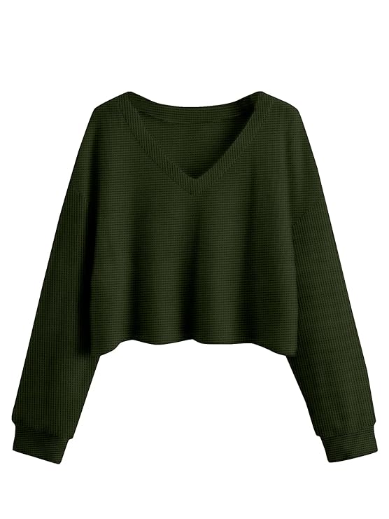 Ontarius Look Women's Cotton (Waffle) 2024 Summer Winter Spring Long Sleeve V-Neck Casual Workout Crop Tops for Women Gym Running Loose Tunic Tops