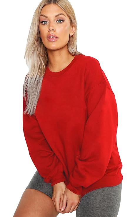 LEOTUDE Women’s Boyfriend/Loose Fit Round Neck Loopknit Sweatshirt (Red Color)